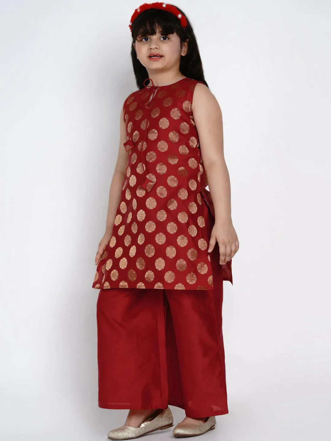 Girls Red & Gold-Coloured Printed Kurti With Palazzos