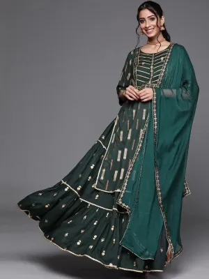 Green Yoke Design Rayon Straight Kurta With Skirt & Dupatta