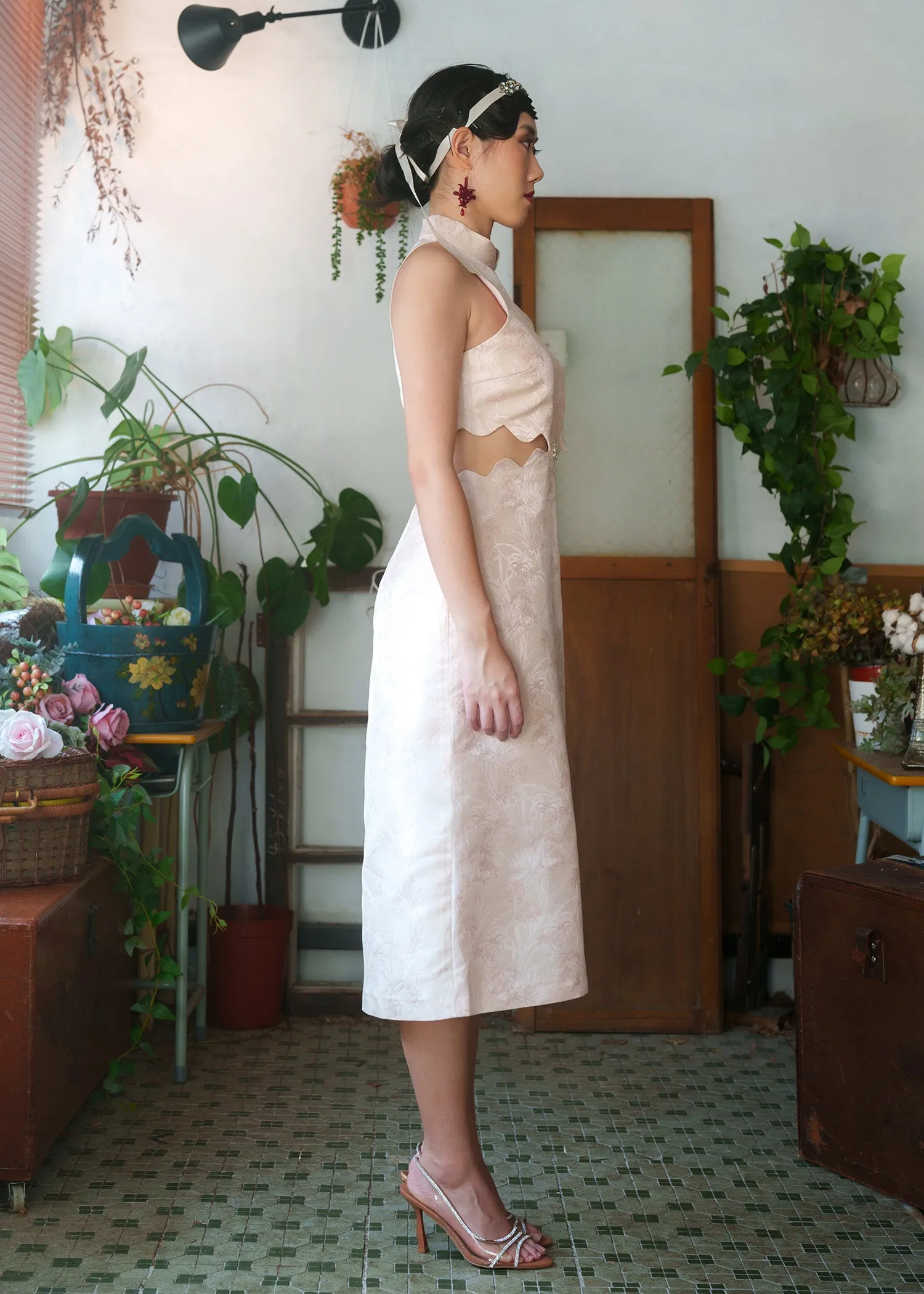 Halter Cut Out Brocade Qipao w Crystal Pankou (Blush)