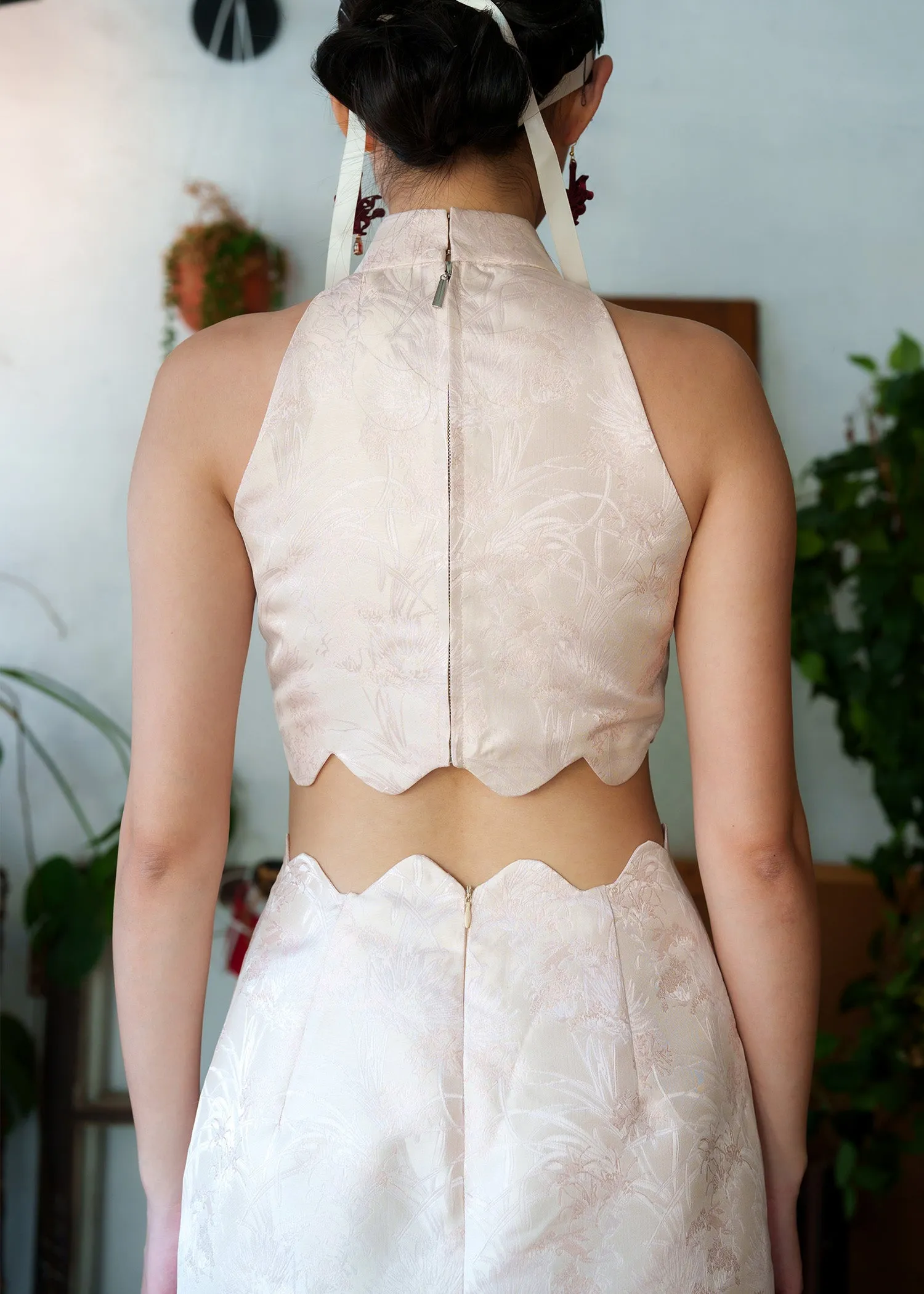 Halter Cut Out Brocade Qipao w Crystal Pankou (Blush)