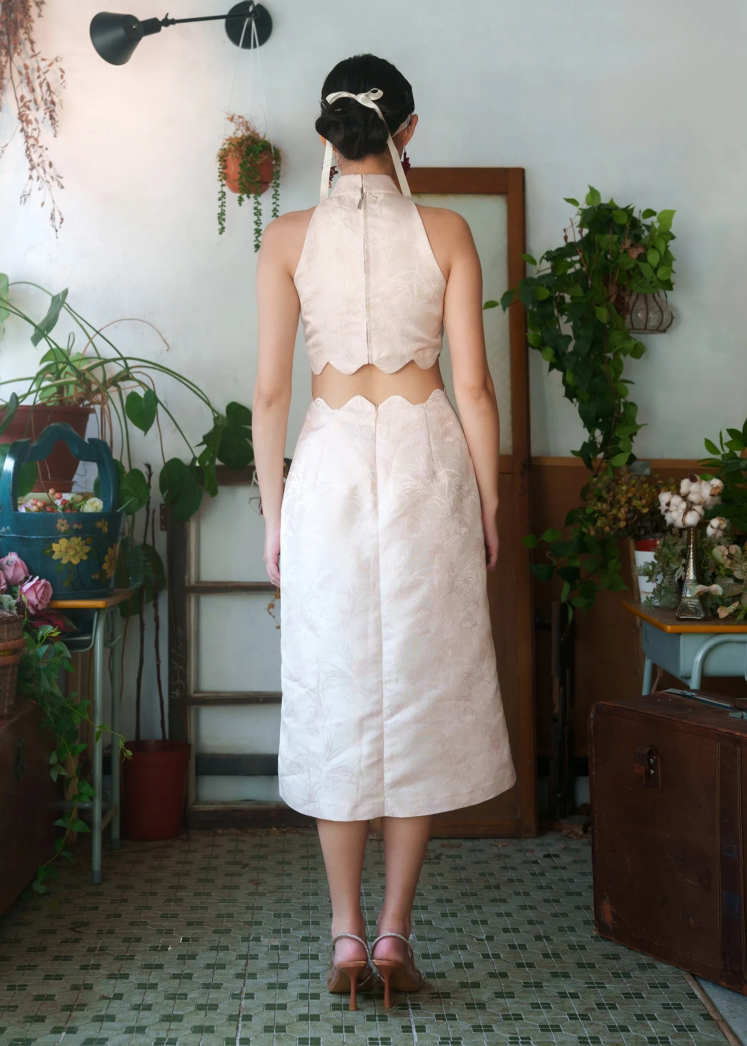Halter Cut Out Brocade Qipao w Crystal Pankou (Blush)
