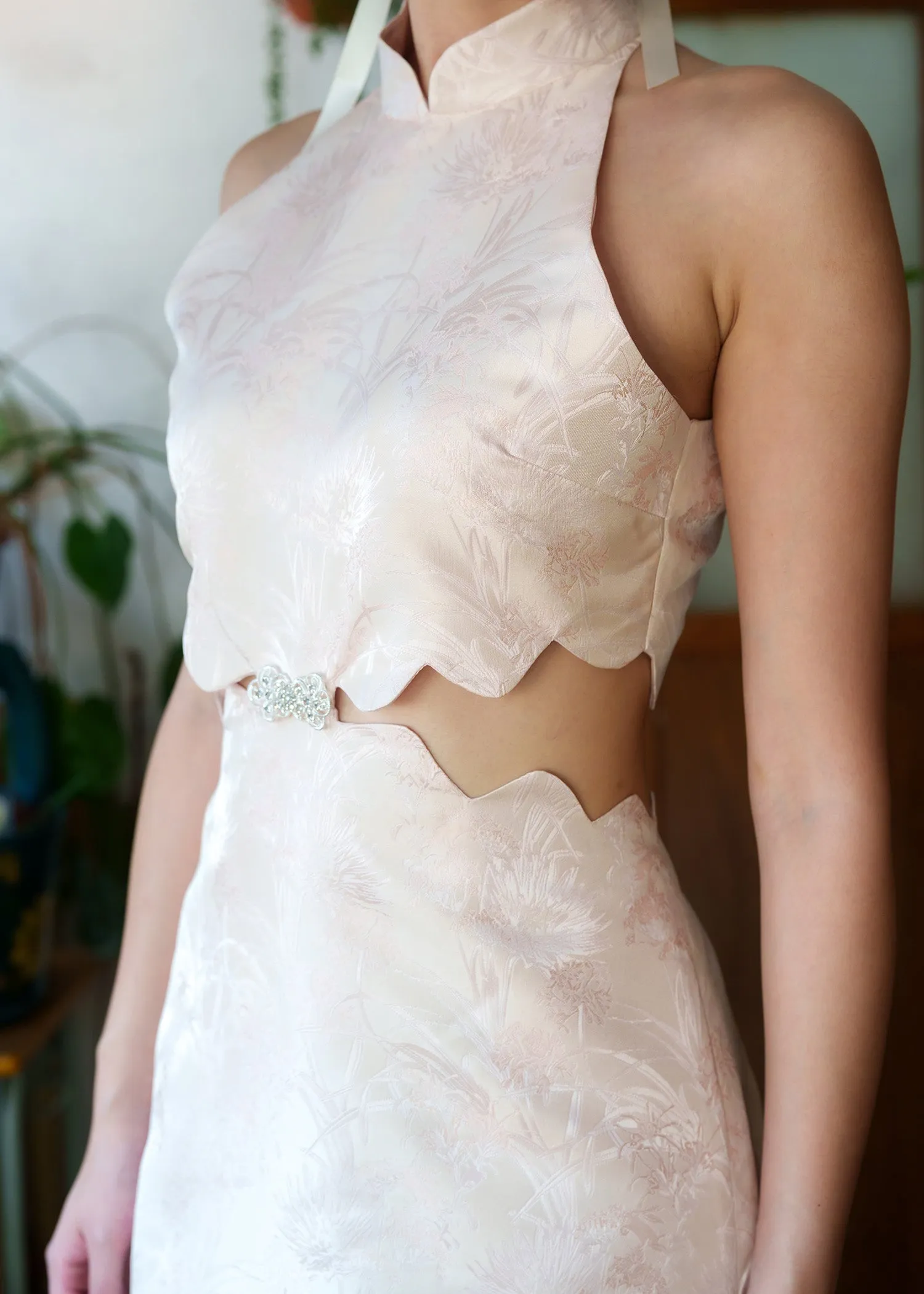 Halter Cut Out Brocade Qipao w Crystal Pankou (Blush)