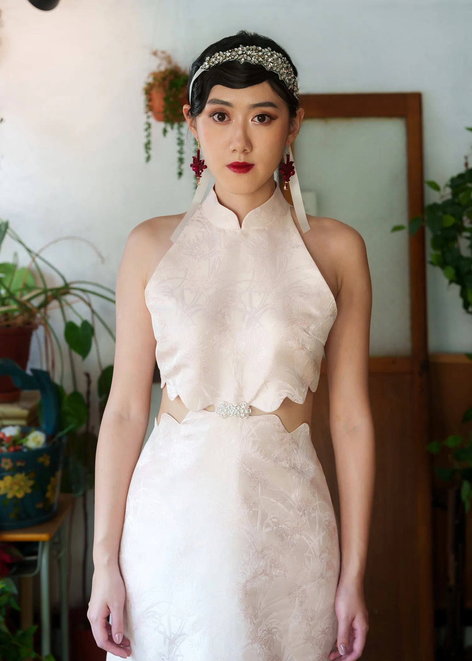 Halter Cut Out Brocade Qipao w Crystal Pankou (Blush)