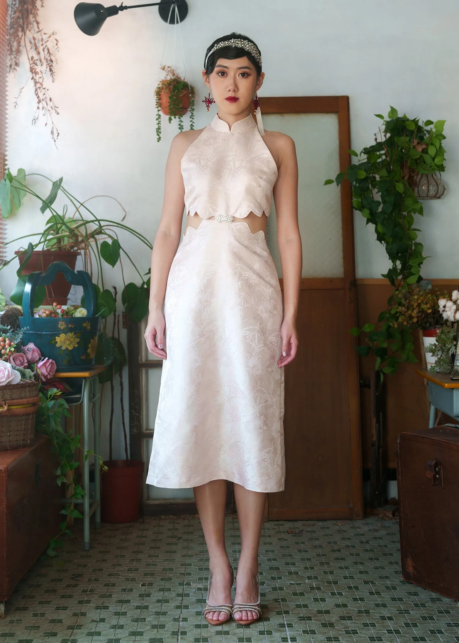 Halter Cut Out Brocade Qipao w Crystal Pankou (Blush)