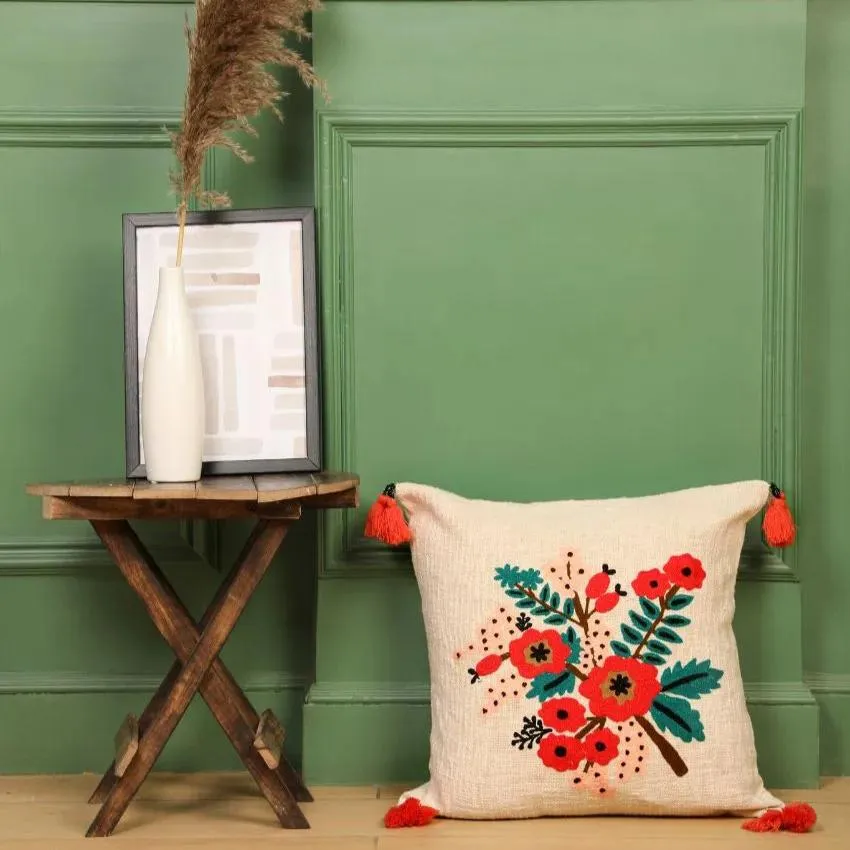 Hand Embroidered Spring Cotton Cushion Cover | 18 x 18 x 0.5 inches