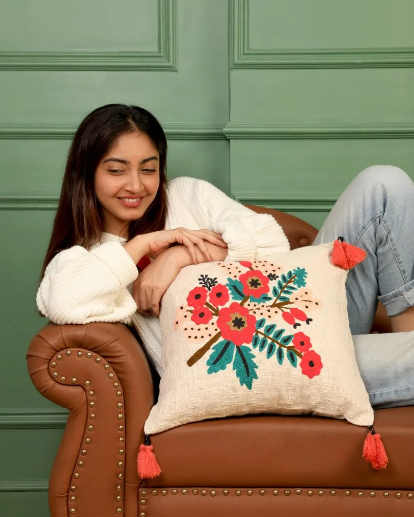 Hand Embroidered Spring Cotton Cushion Cover | 18 x 18 x 0.5 inches