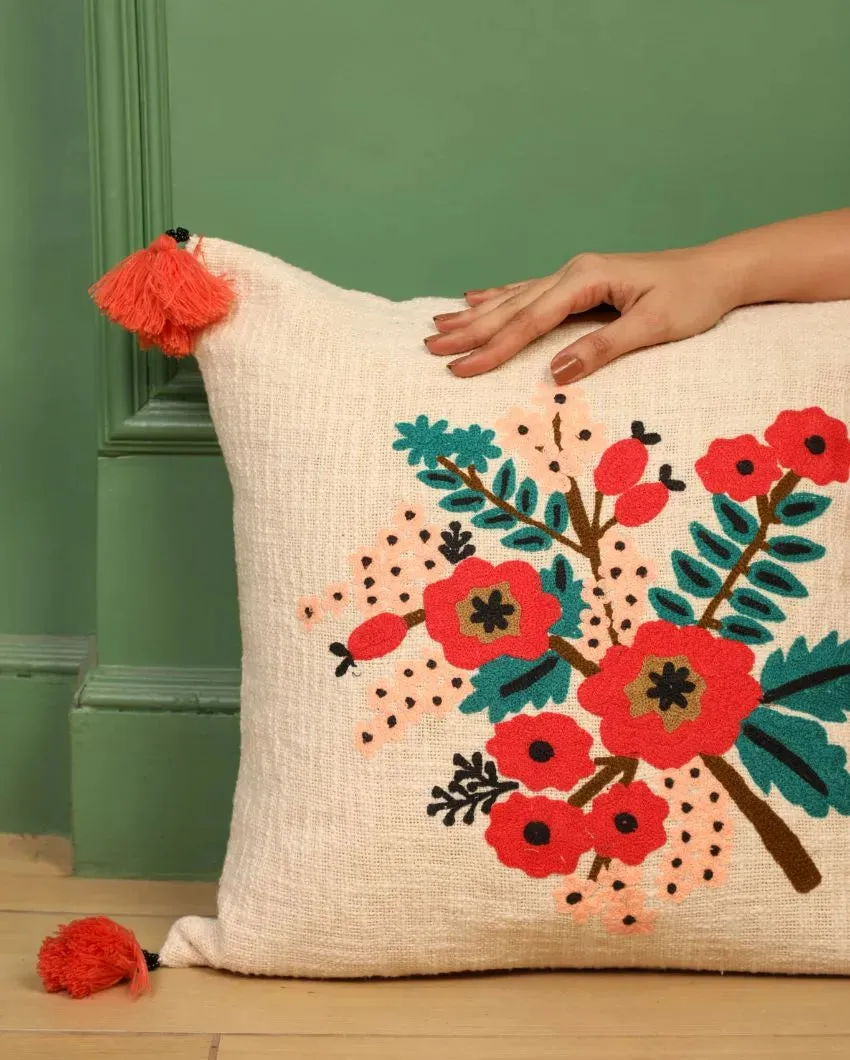 Hand Embroidered Spring Cotton Cushion Cover | 18 x 18 x 0.5 inches