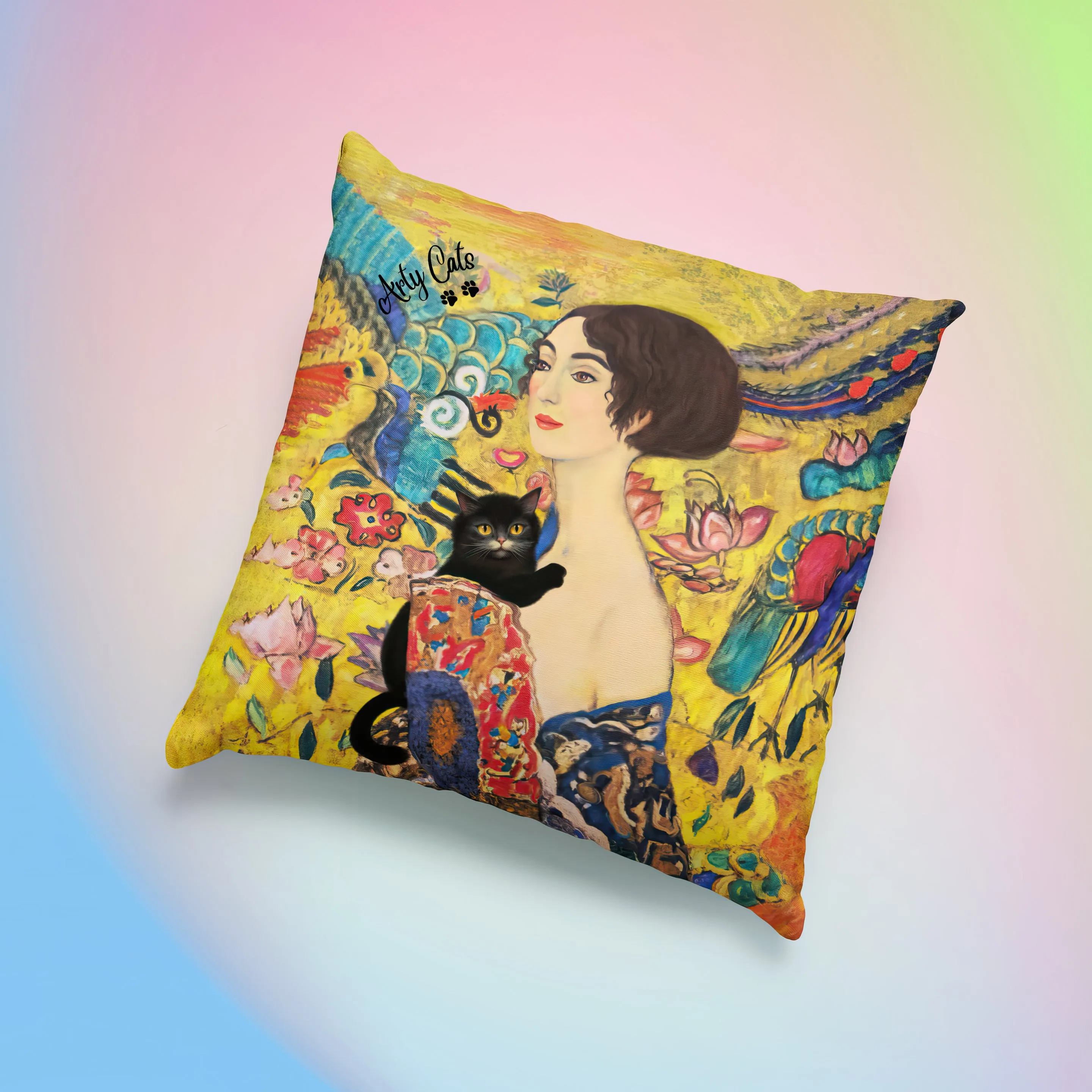 Lady With Fan and Cat, Vintage Gustav Klimt Art Print Spun Polyester Square Pillow