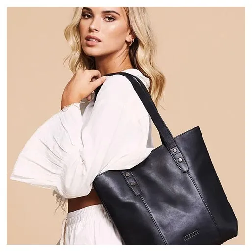 Leather Isabelle Tote Shoulder Bag - Black