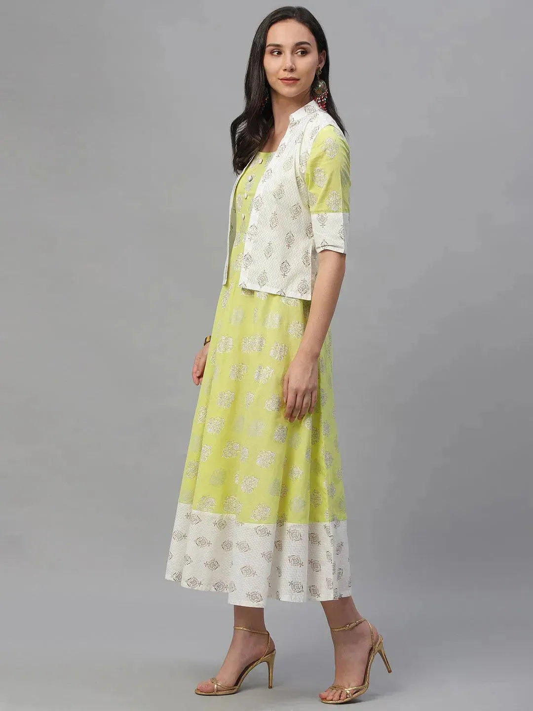 Lime Green Printed Cotton Dress With Jacket