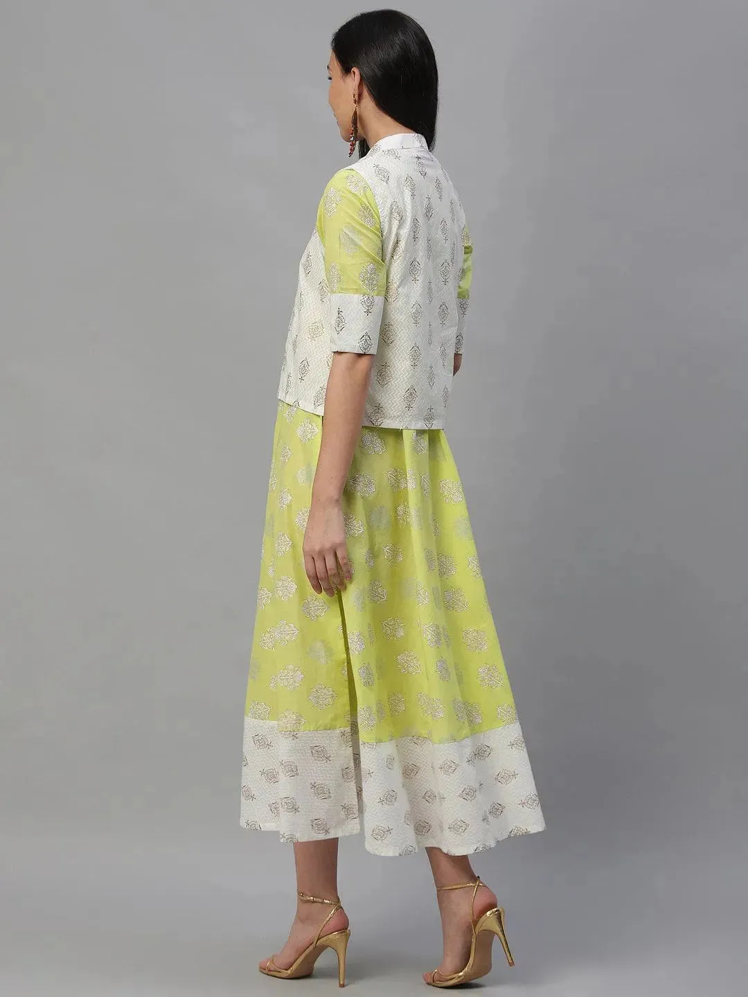 Lime Green Printed Cotton Dress With Jacket