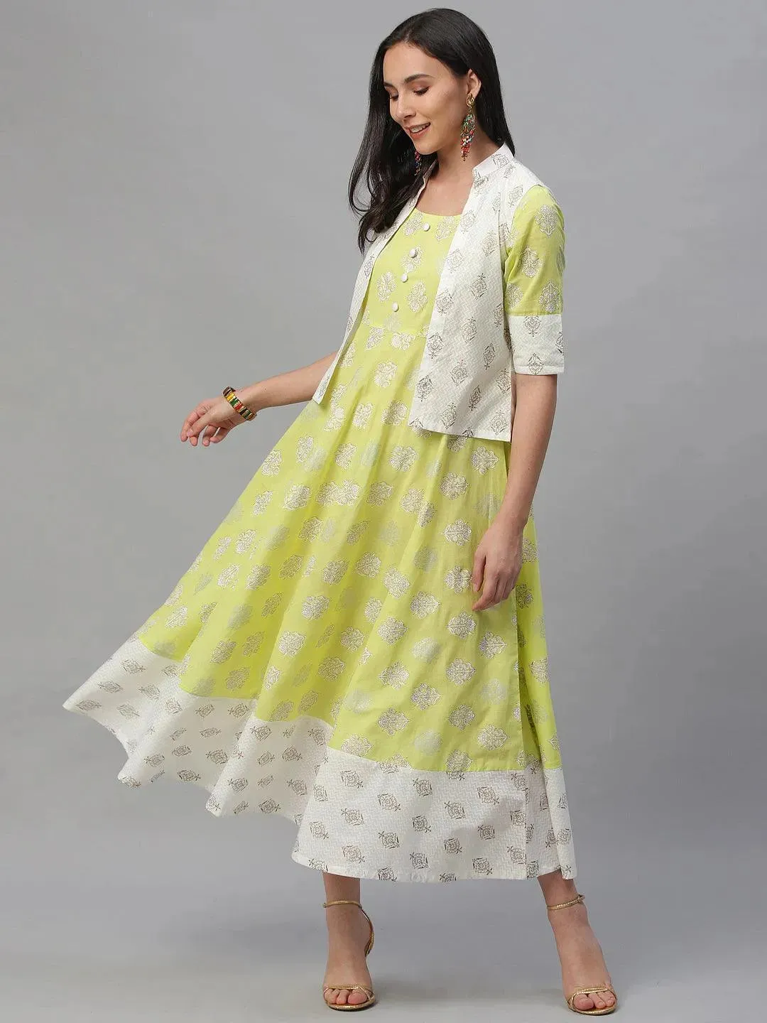 Lime Green Printed Cotton Dress With Jacket