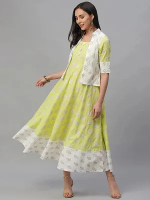 Lime Green Printed Cotton Dress With Jacket