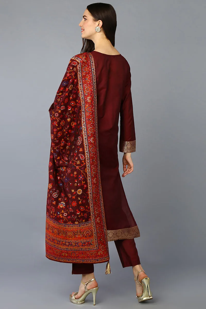 Maroon Silk Blend Ethnic Motifs Straight Suit Set