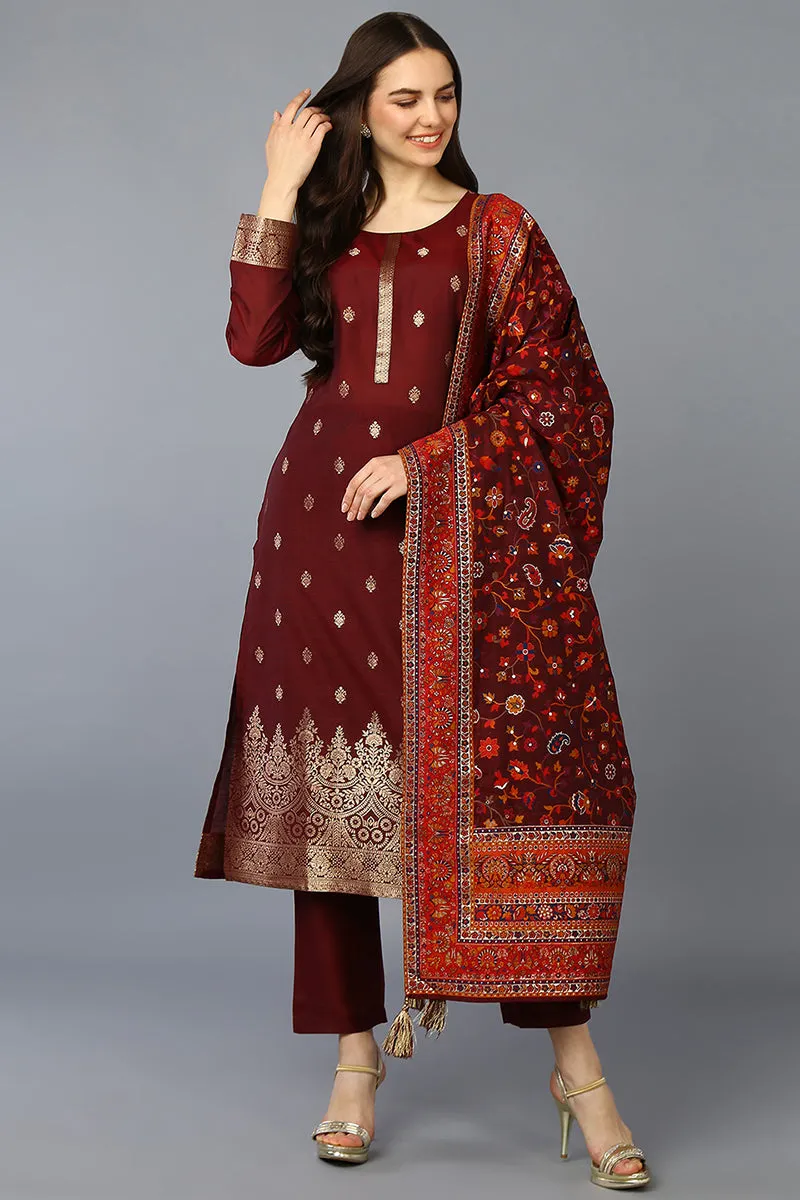 Maroon Silk Blend Ethnic Motifs Straight Suit Set