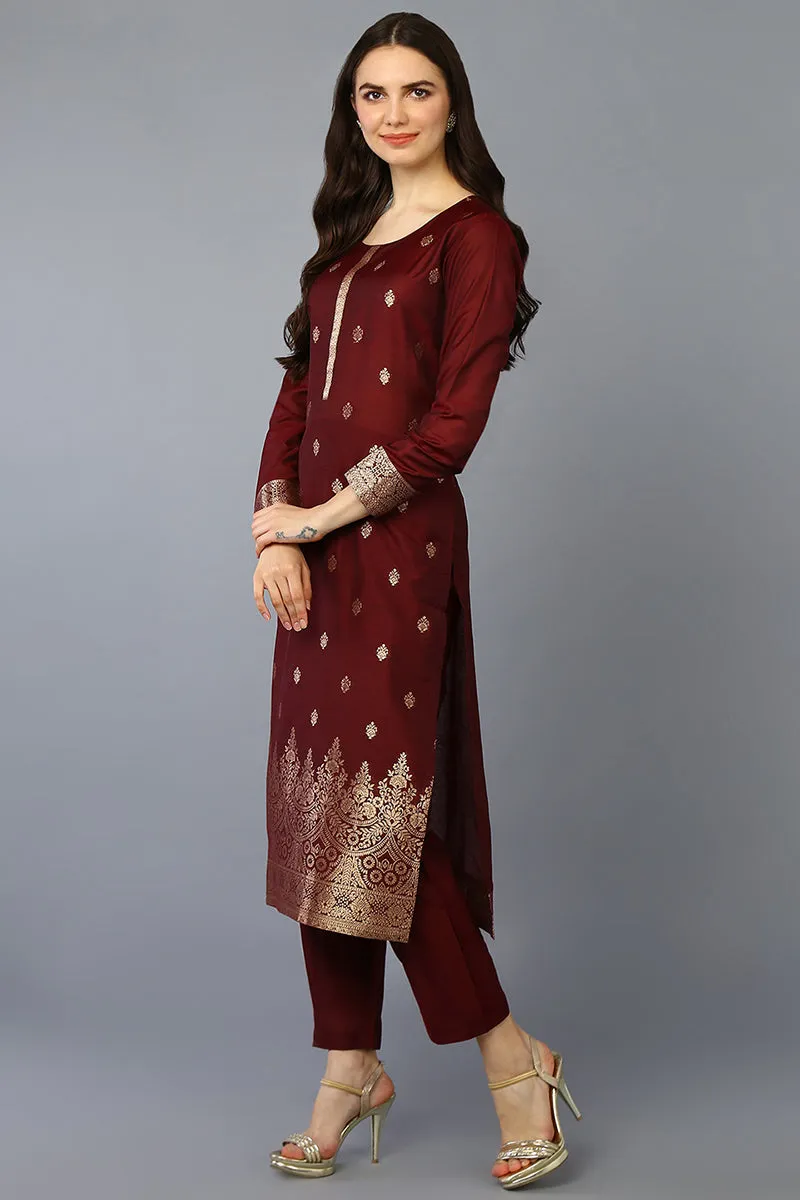 Maroon Silk Blend Ethnic Motifs Straight Suit Set