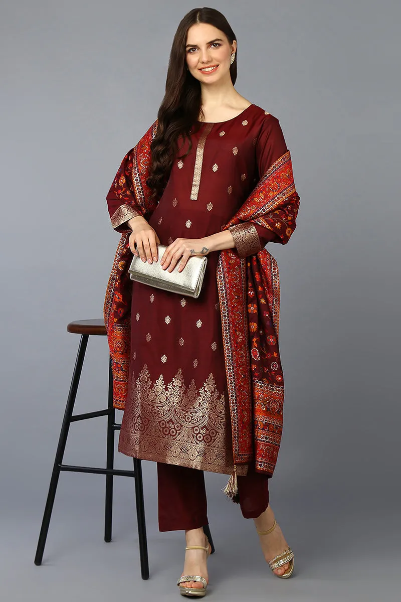 Maroon Silk Blend Ethnic Motifs Straight Suit Set