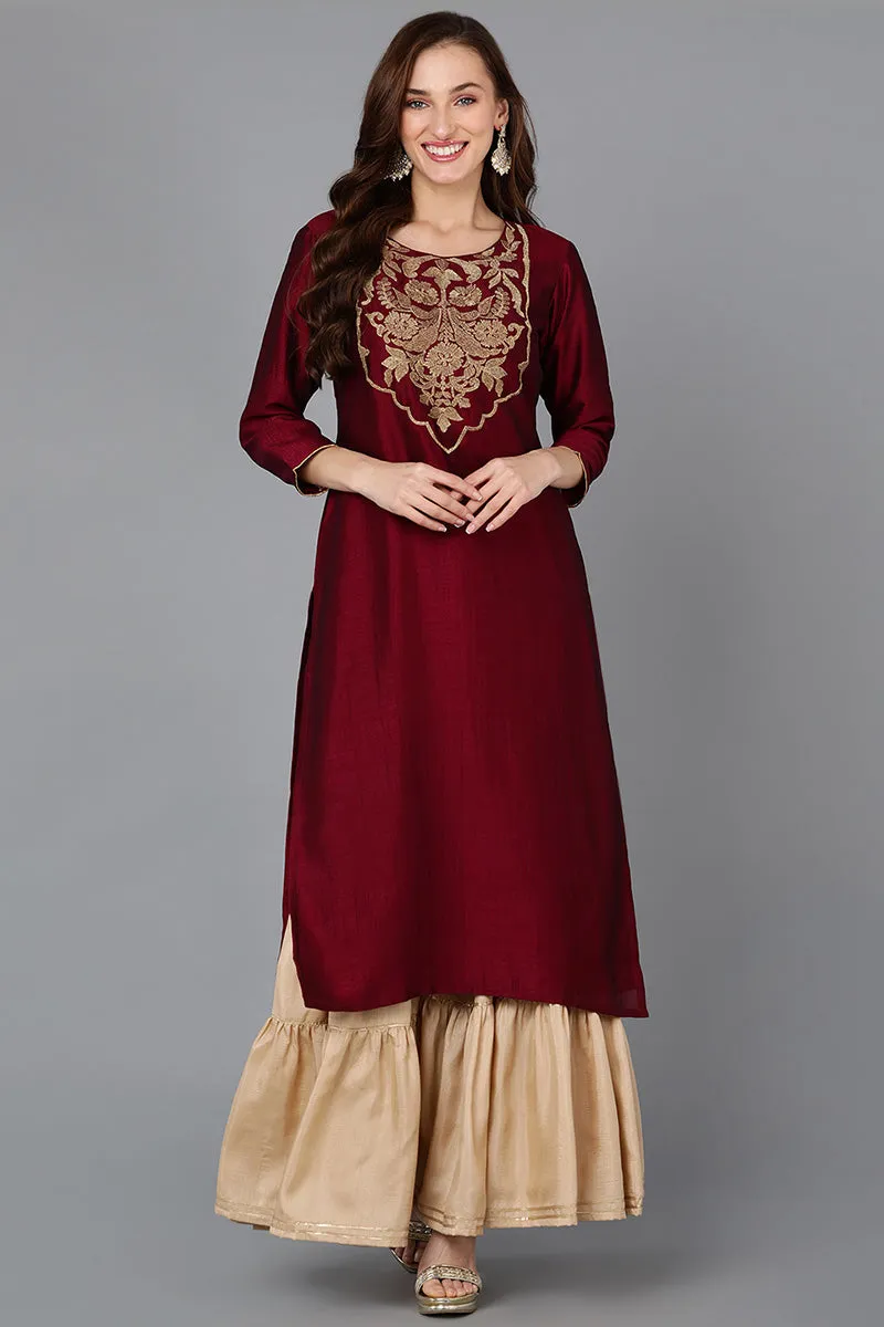 Maroon Silk Blend Straight Kurta