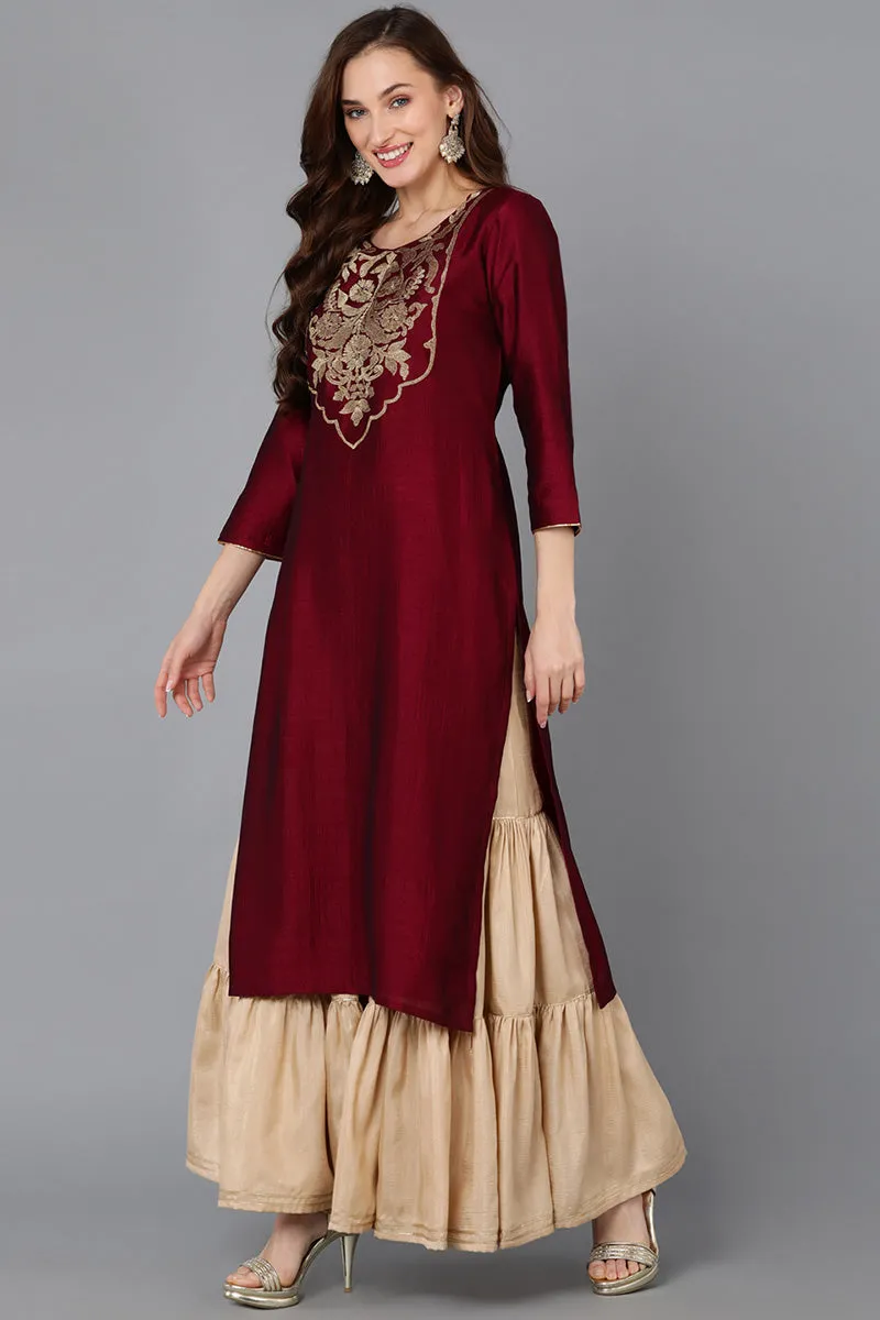 Maroon Silk Blend Straight Kurta
