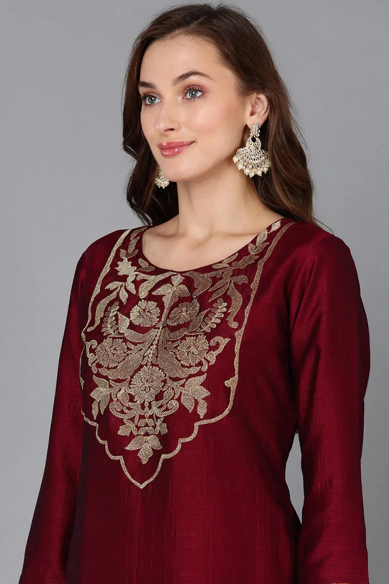Maroon Silk Blend Straight Kurta