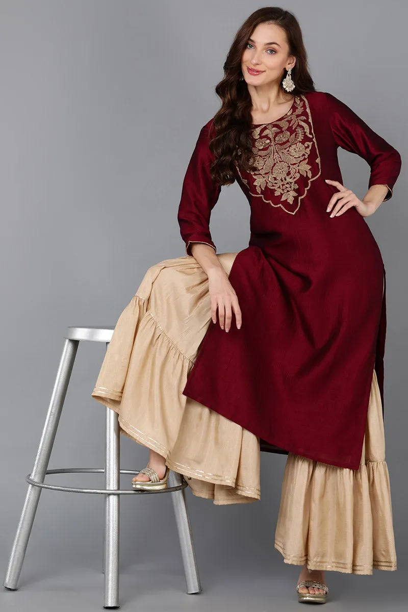 Maroon Silk Blend Straight Kurta