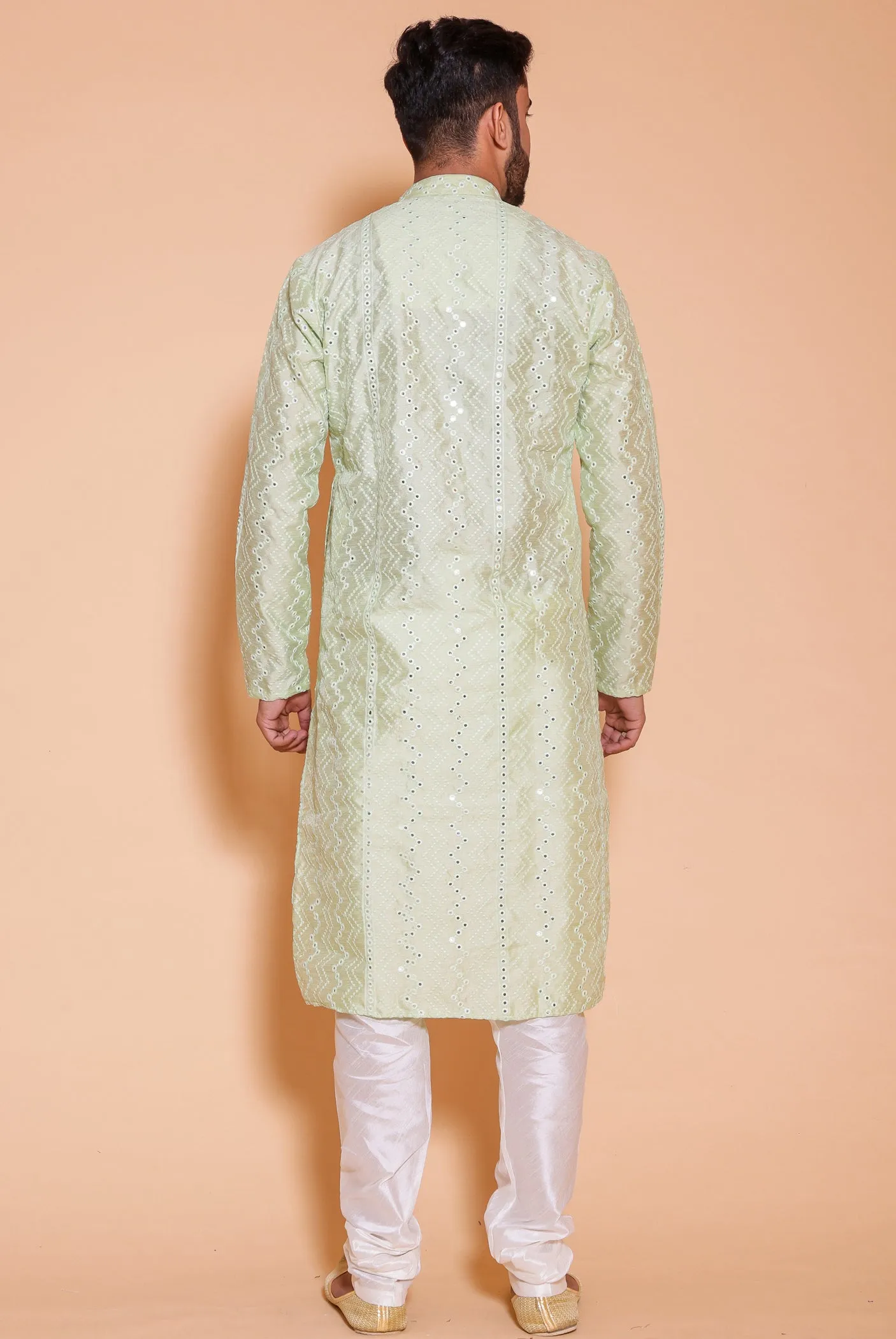 Mint Green Raw Silk Kurta Suit with mirror and thread work