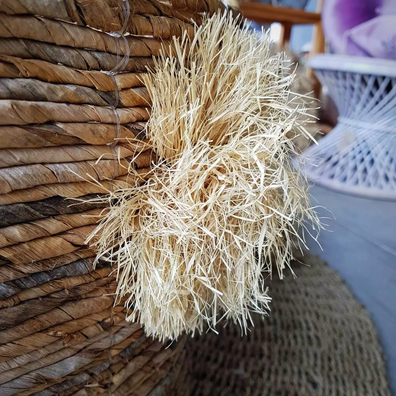 Natural Woven Banana Leaf Round Basket With Grass Pom-Poms