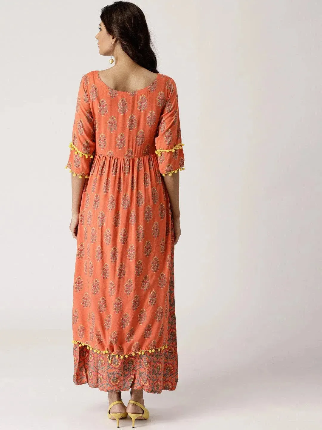 Orange Printed Rayon Layered Dress