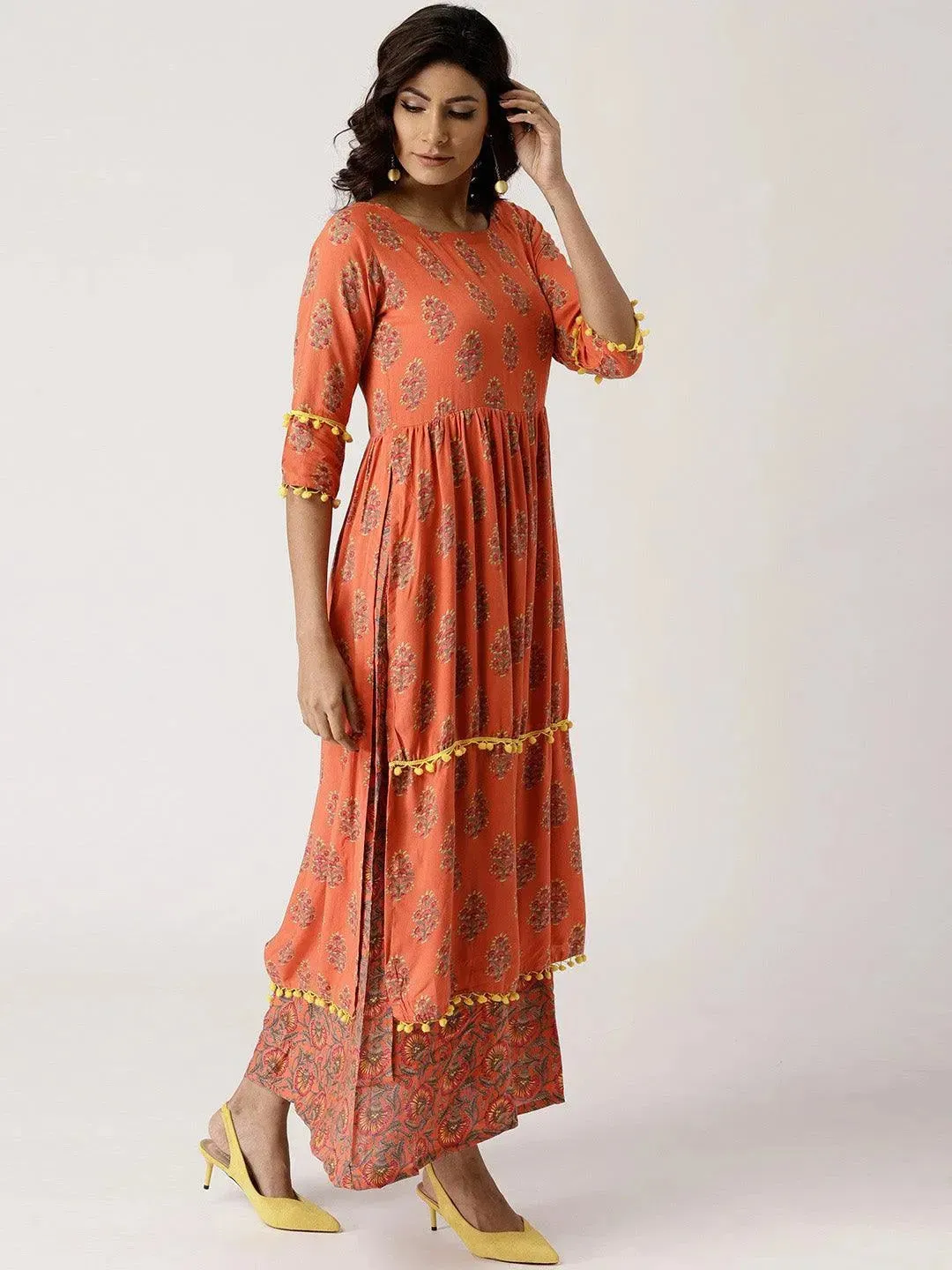 Orange Printed Rayon Layered Dress