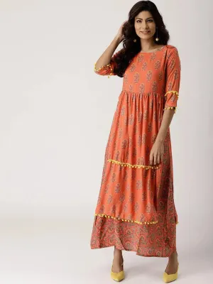 Orange Printed Rayon Layered Dress