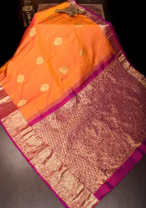 Orange Pure Silk Kanjivaram Saree with Sequins Cutdana Mirror Work on Borders and Pallu | SILK MARK CERTIFIED