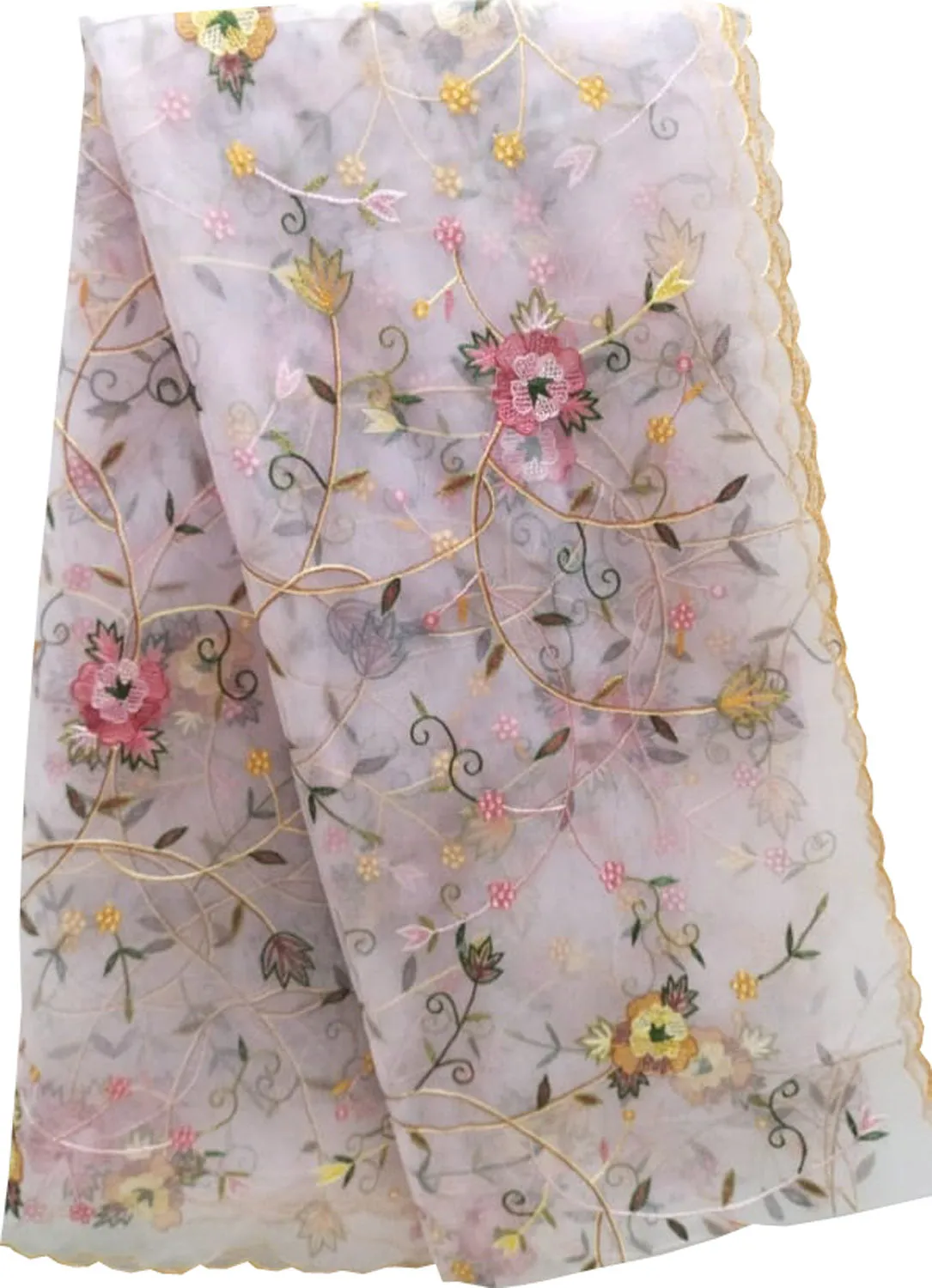 Pink Hand Embroidered Parsi Net Dupatta