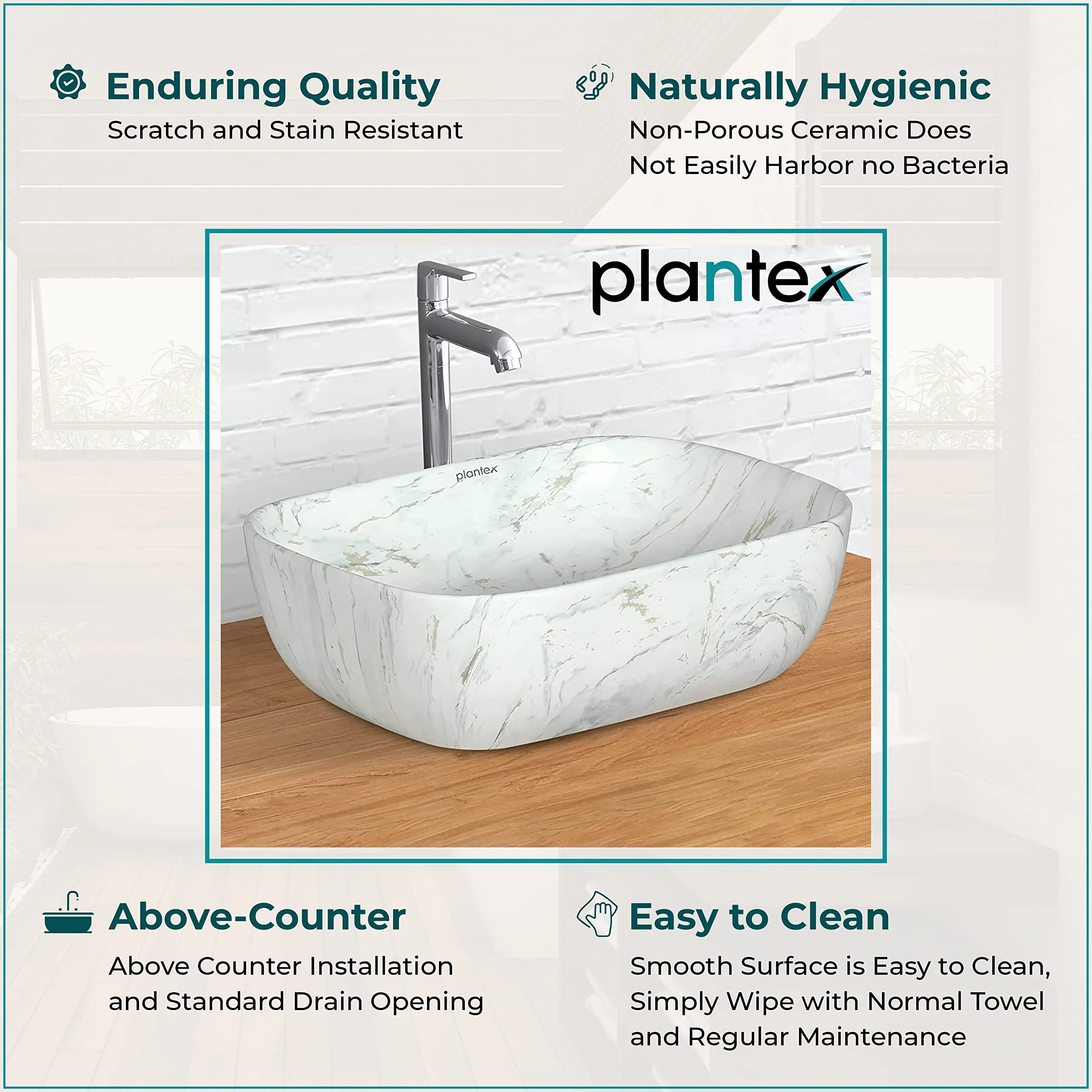 Plantex Platinium Tabletop Ceramic Rectangular Wash Basin/Countertop Bathroom Sink (WIS-035, 18 x 13 x 5.5 Inch)