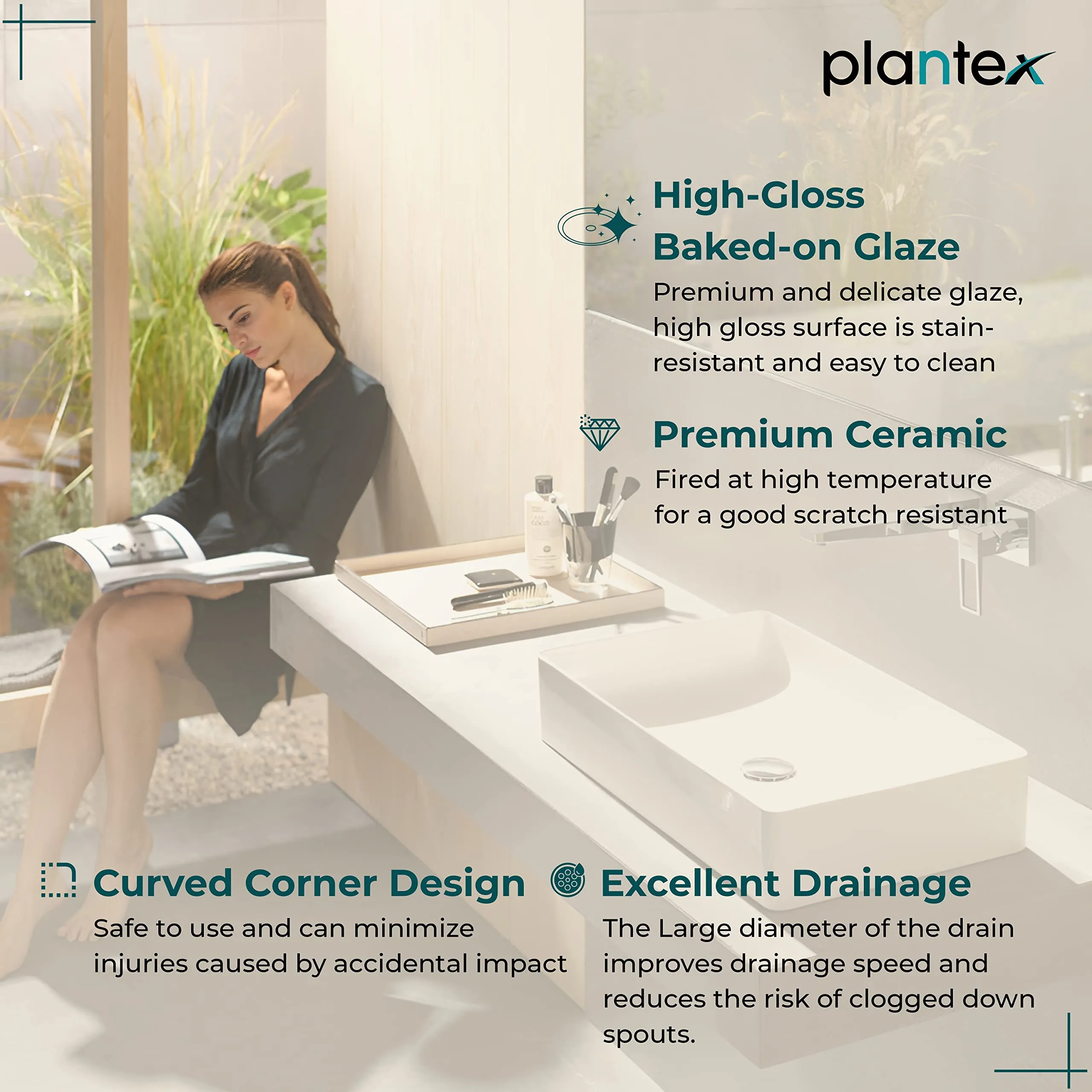 Plantex Platinium Tabletop Ceramic Rectangular Wash Basin/Countertop Bathroom Sink (WIS-035, 18 x 13 x 5.5 Inch)