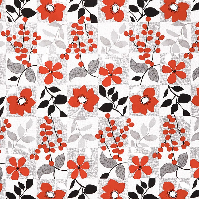 Red Alert - Floral with Background Squares Gray Yardage