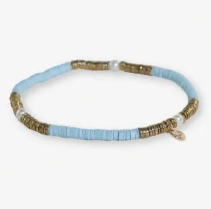 Rory Solid Color W/ Gold and Pearls Small Sequin Stretch Bracelet - Light Blue