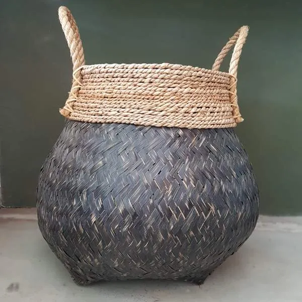 Set 2 Black Or White Washed Bamboo And Banana Leaf Basket