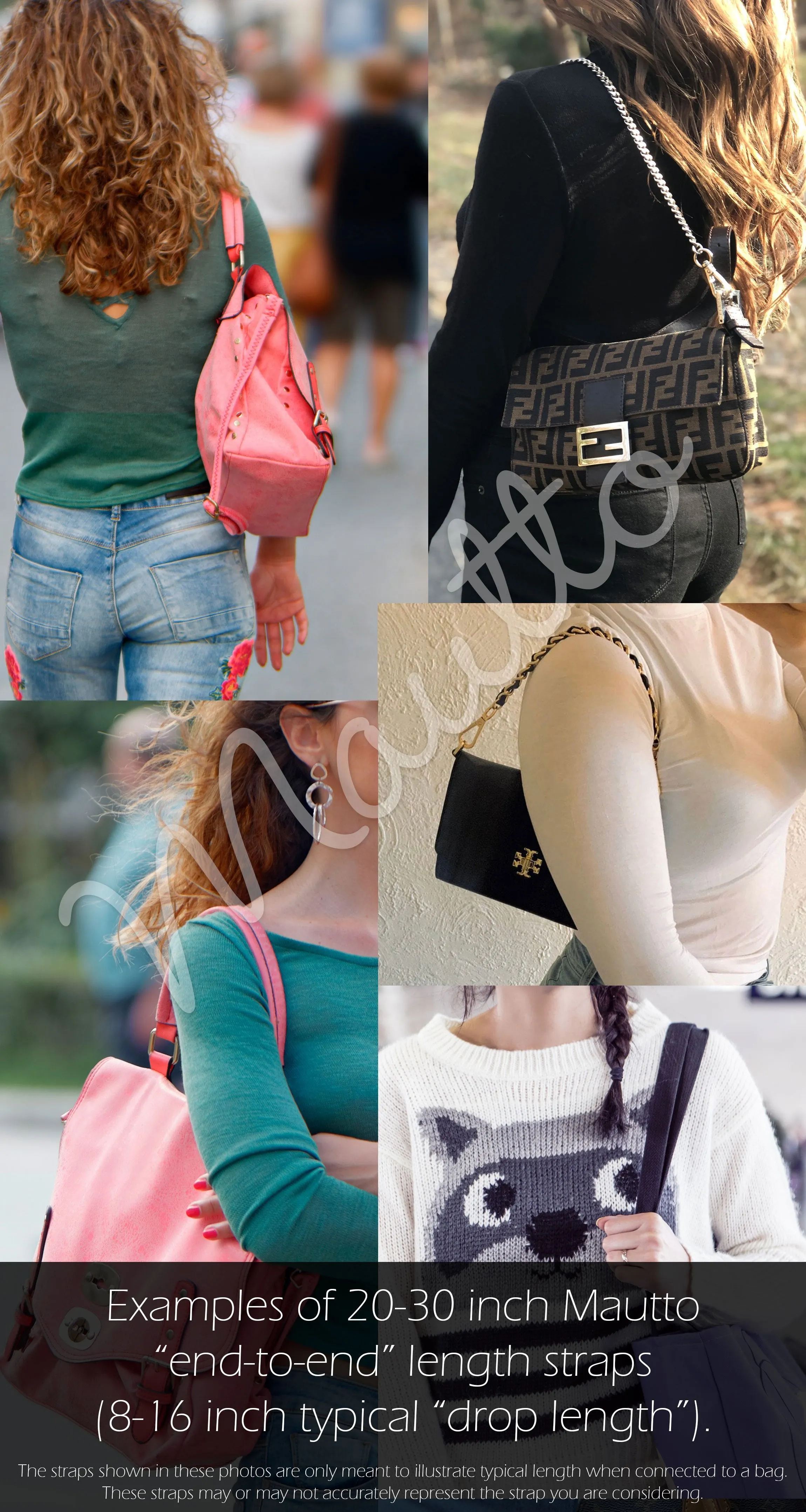 Short Shoulder Leather Strap - 20 inch Length, 1 inch (25mm) Wide - Choose Silver-tone Connector Style - Modern Colors Collection