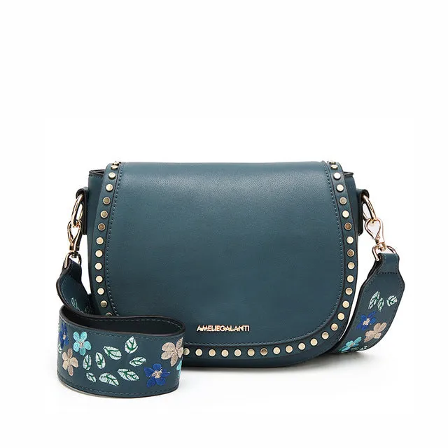 Small shoulder crossbody bags for women saddle purse embroidered with rivet long straps