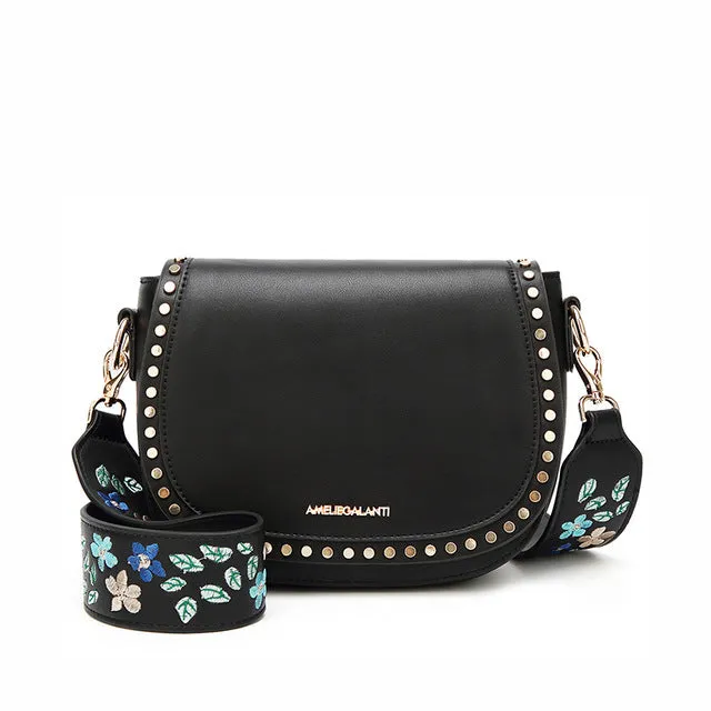 Small shoulder crossbody bags for women saddle purse embroidered with rivet long straps