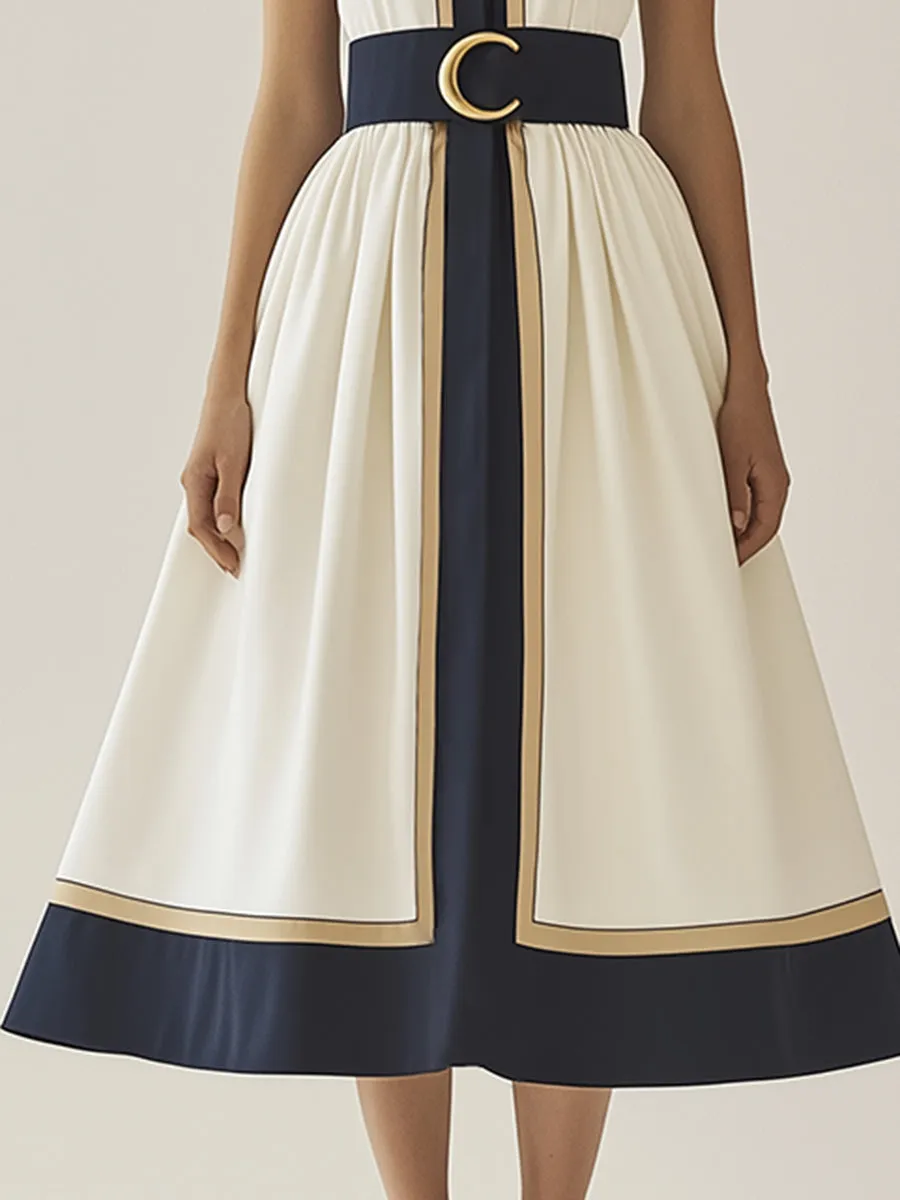 Sophisticated and Elegant White and Blue Contrast Sleeveless Maxi Dress