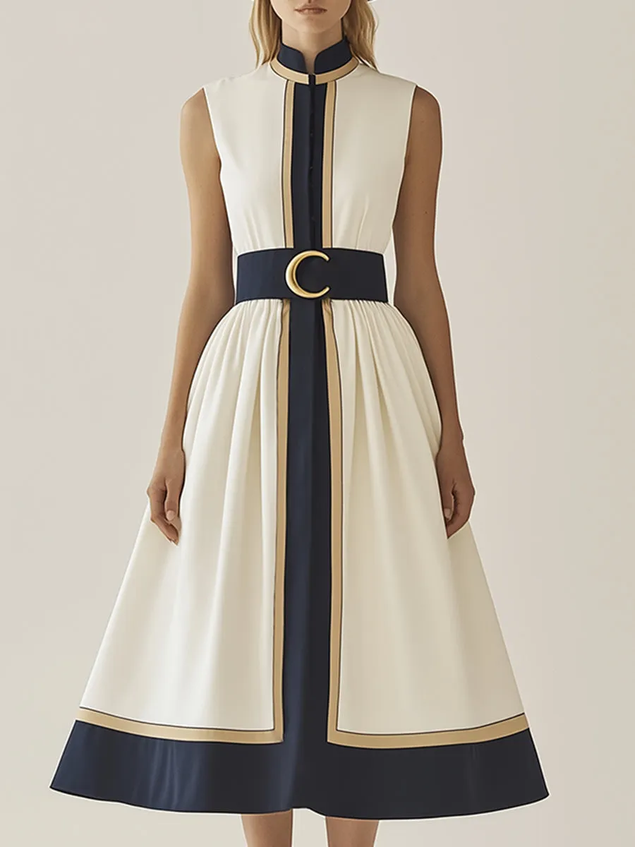 Sophisticated and Elegant White and Blue Contrast Sleeveless Maxi Dress