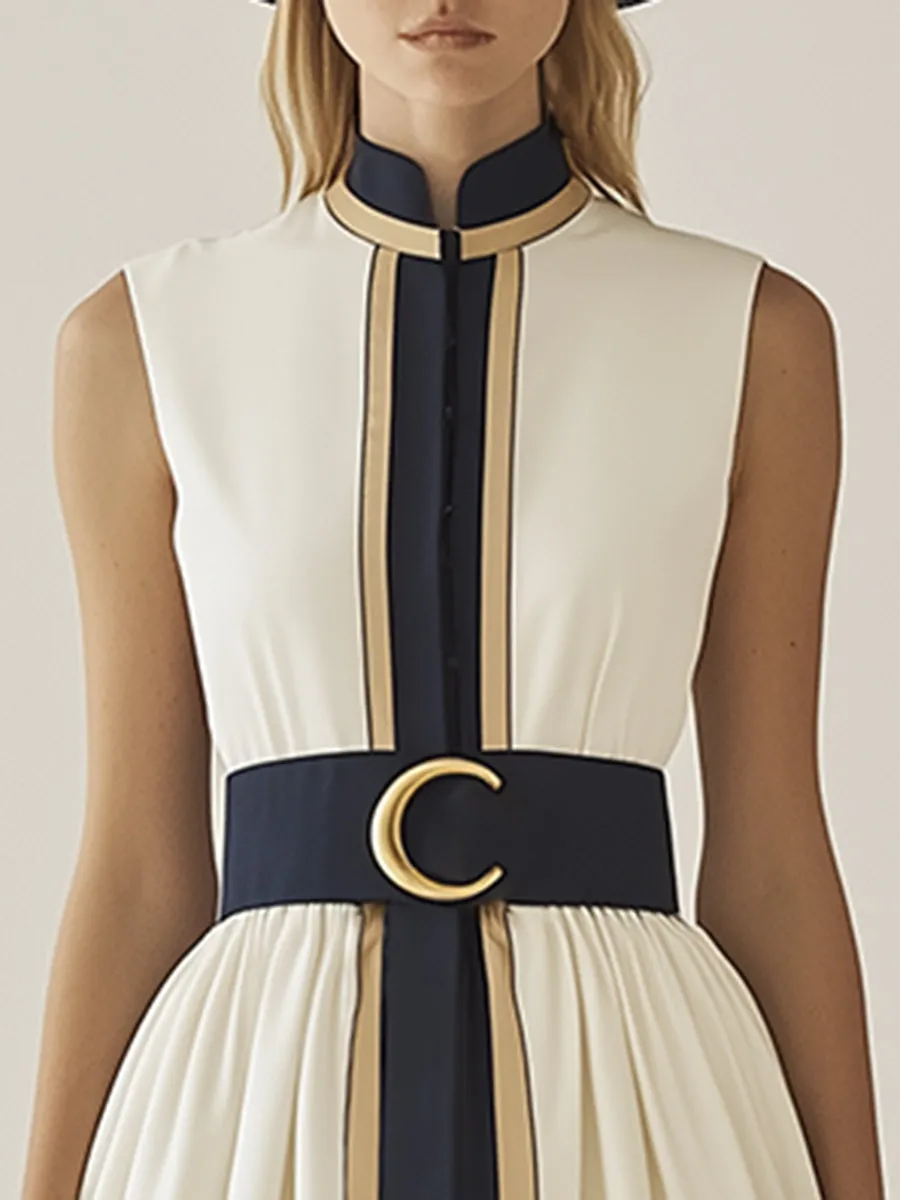 Sophisticated and Elegant White and Blue Contrast Sleeveless Maxi Dress