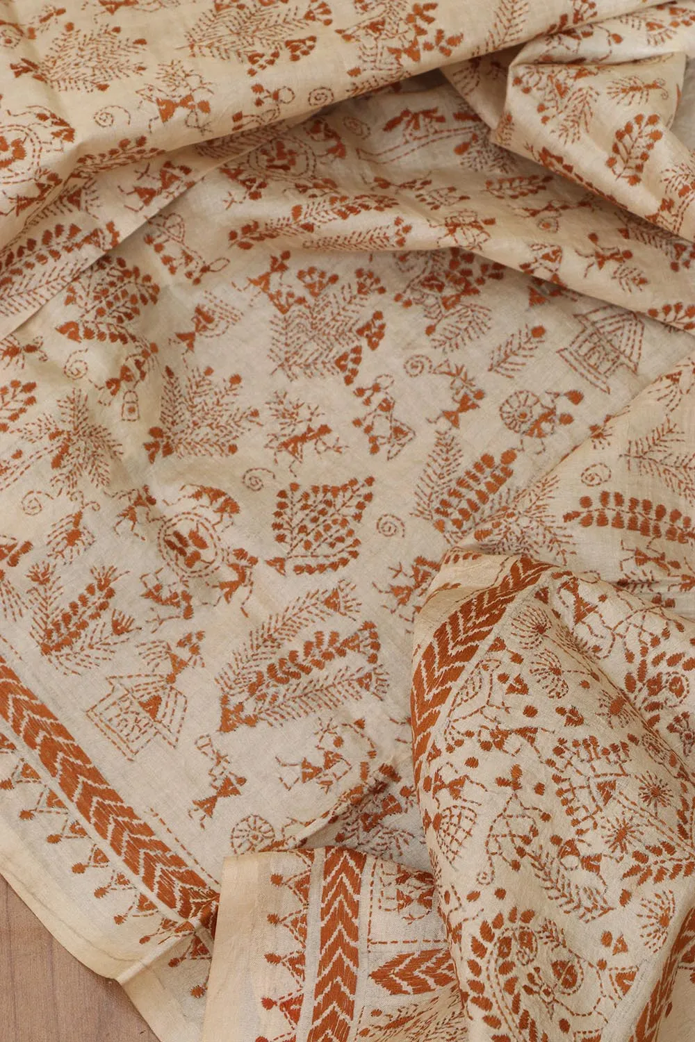 Vibrant Multicolor Hand Embroidered Kantha Pure Tussar Silk Dupatta