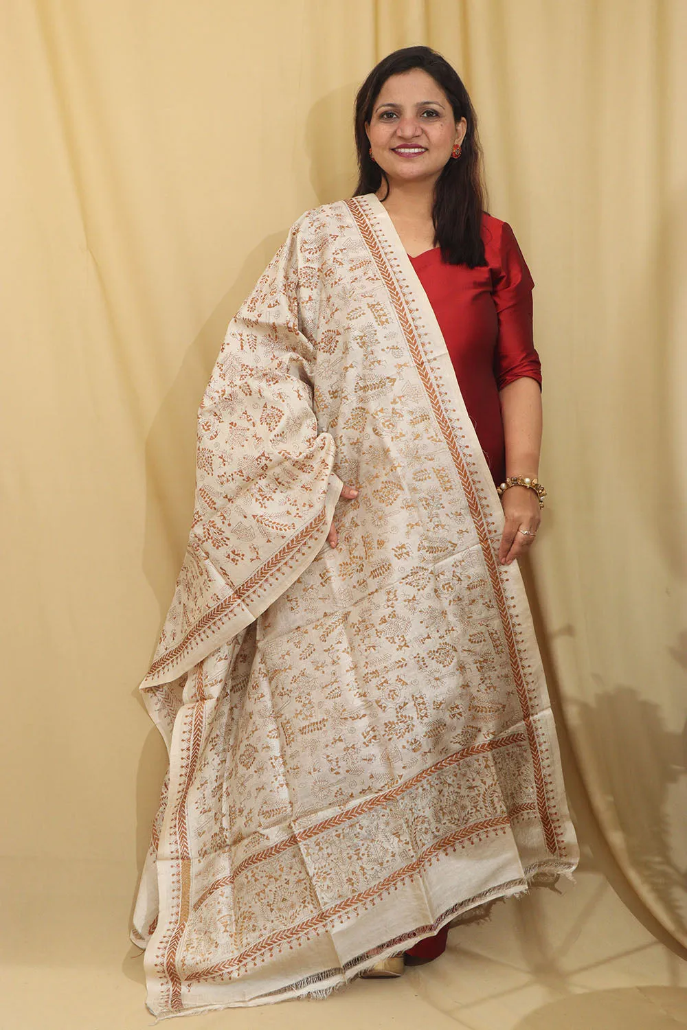 Vibrant Multicolor Hand Embroidered Kantha Pure Tussar Silk Dupatta