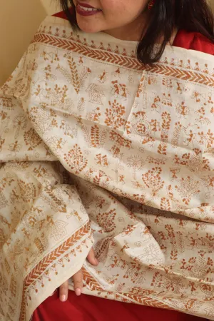 Vibrant Multicolor Hand Embroidered Kantha Pure Tussar Silk Dupatta