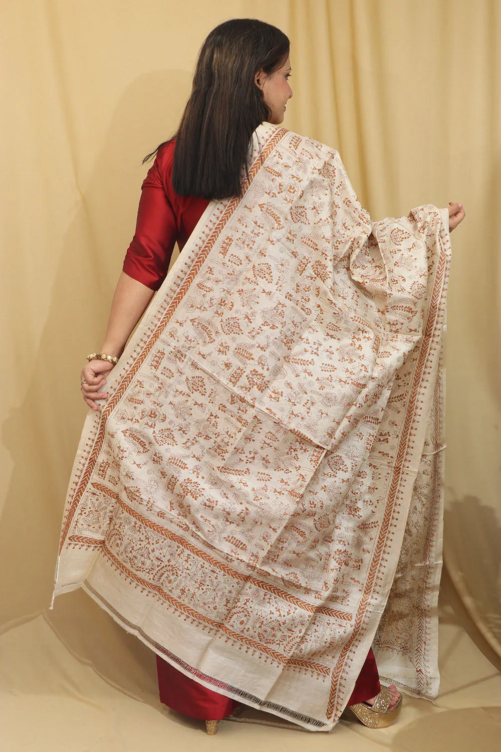 Vibrant Multicolor Hand Embroidered Kantha Pure Tussar Silk Dupatta