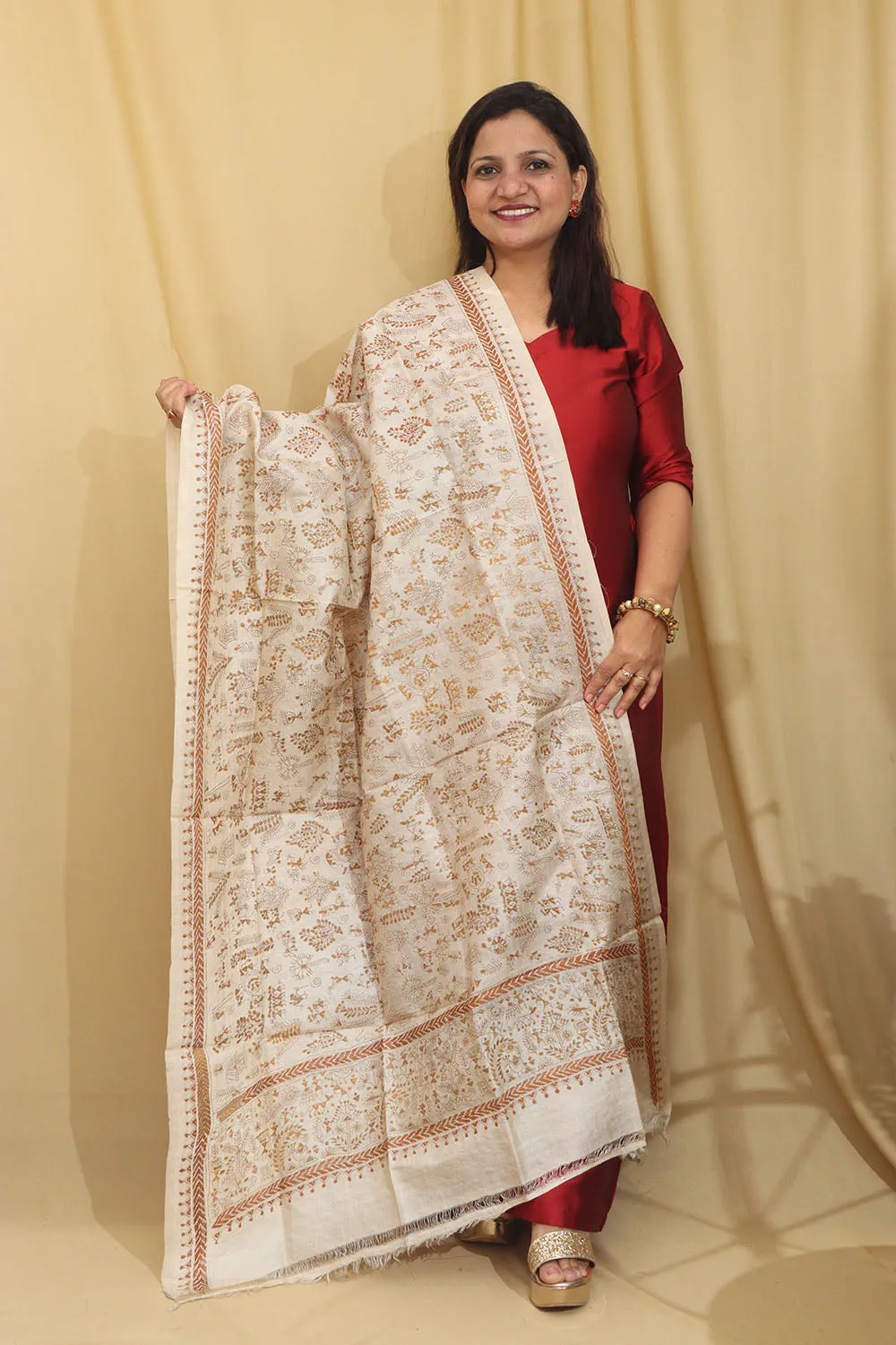 Vibrant Multicolor Hand Embroidered Kantha Pure Tussar Silk Dupatta
