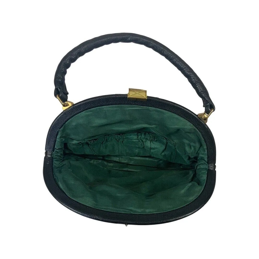 Vintage 80s 90s Black Faux Leather Oval Frame Bag Party Disco Handbag