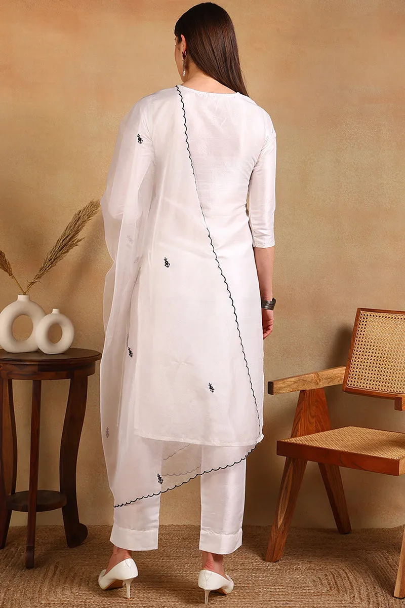 White Silk Blend Embroidered Straight Suit Set